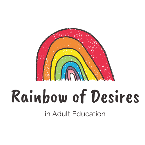 logo con arcobaleno con sette colori e scritta: Rainbow of Desires in Adult Education