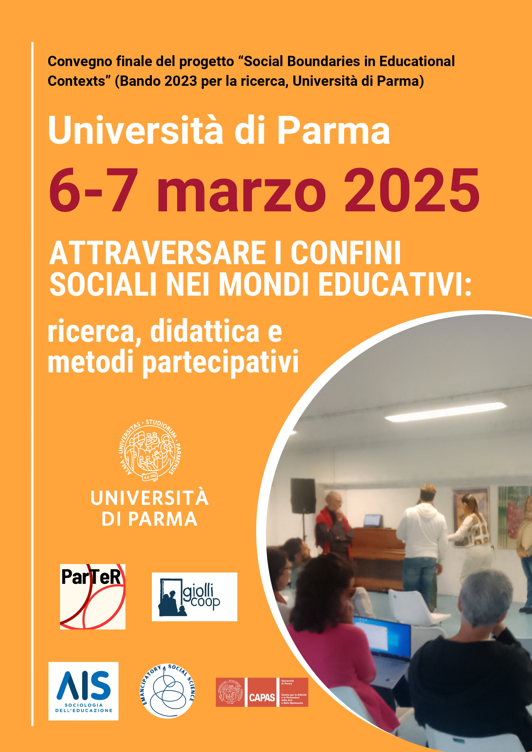 Locandina del convegno "attraversare i confini sociali nei mondi educativi" - Università di Parma - 6 e 7 marzo 2025
