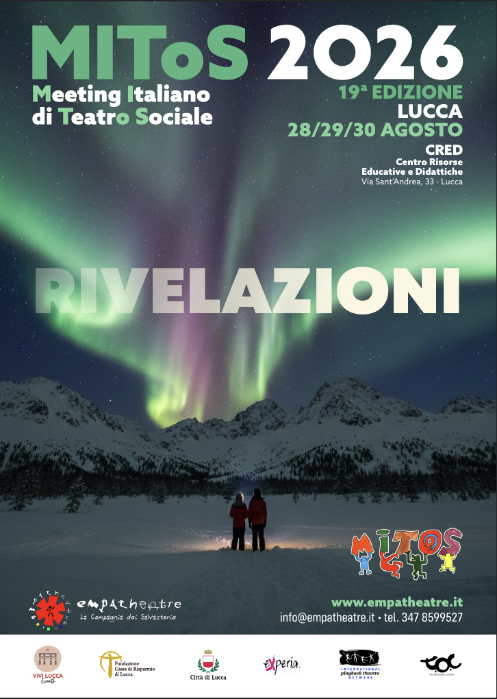 locandina del meeting di Teatro Sociale a Livorno, agosto 2026 - fotografia di aurora boreale con due persone che guardano il cielo - Titolo: rivelazioni